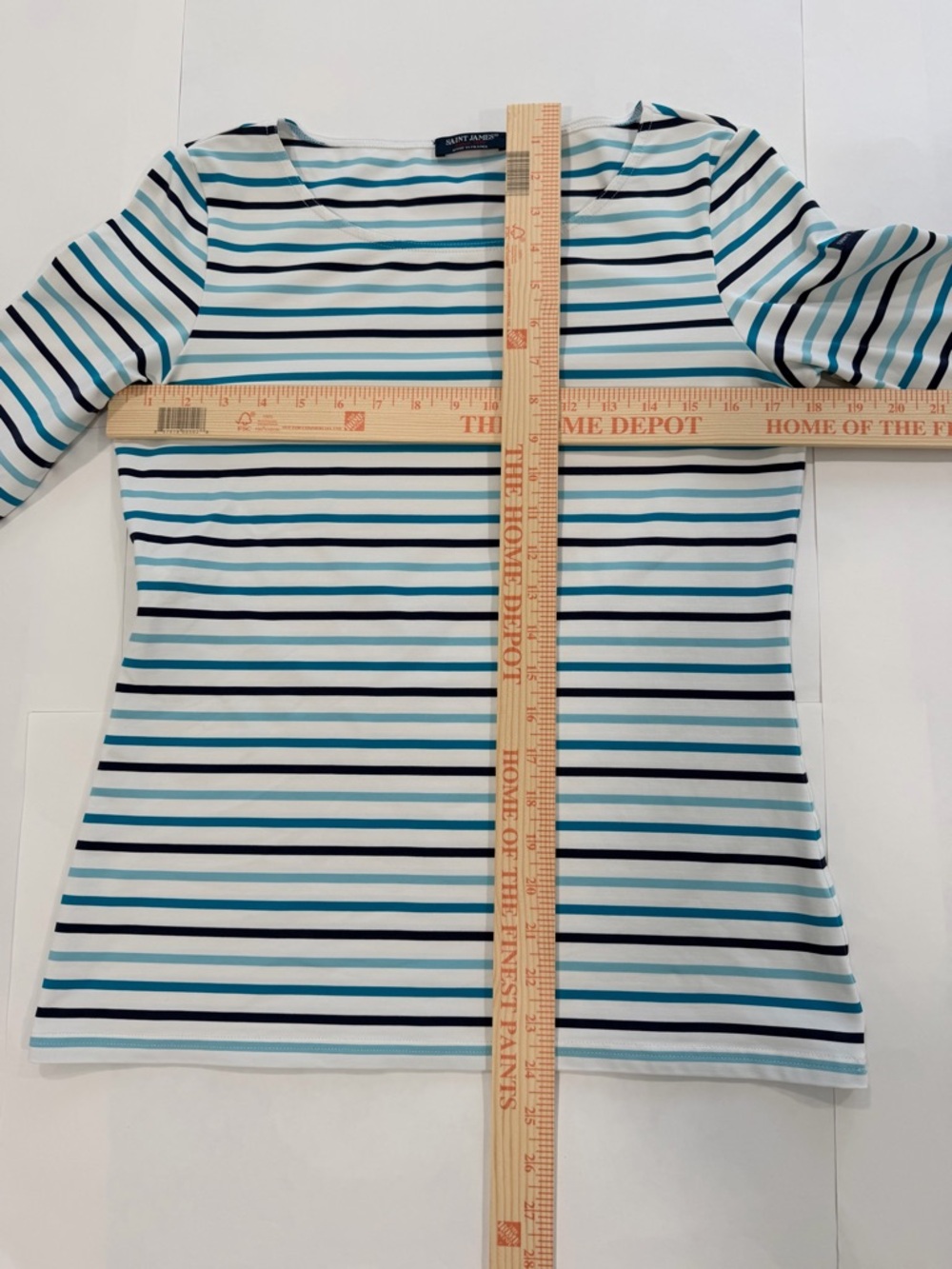 SAINT JAMES Breton Stretch White Blue Stripe 3/4 Sleeves UV Nautical Top (Sz 10) - Picture 11 of 12